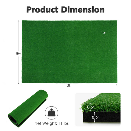 Goplus Golf Mat, 5 ft x 3 ft Golf Hitting Mats Artificial Turf with 3 Rubber Tees, Golf Practice Mat for Driving - GoplusUS