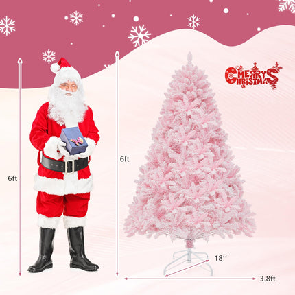 Goplus 6FT Pink Pre-lit Christmas Tree, Hinged Snow Flocked Artificial Xmas Tree, Seasonal Holiday Decoration for Office Home
