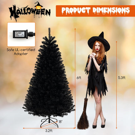 Goplus 6/7/8 FT Pre-Lit Black Halloween Tree, Artificial Hinged Christmas Tree with 280/380/500 Orange & Purple LED Lights