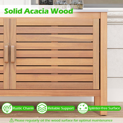 Goplus Patio 2-Door Acacia Wood Storage Cabinet with Faux Marble Top