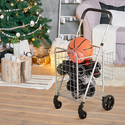 Folding Shopping Utility Cart, Double Basket and 360 Swivel Wheels, Adjustable Handle - GoplusUS