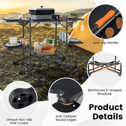 Goplus Camping Cooking Table, Outdoor Grill Table, Folding Camp Kitchen with Aluminum Tabletop