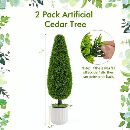 Goplus 3ft Artificial Cedar Teardrop Shaped Topiary Tree, 2 Pack Faux Potted Plants with Plastic Nursery Pot