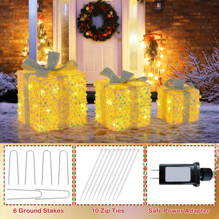 Goplus 3 Pieces Christmas Lighted Gift Boxes Light up Xmas Present Boxes