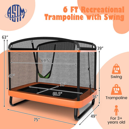 Goplus 6FT Kids Trampoline with Swing, ASTM Approved Rectangle Recreational Trampoline w/Enclosure Safety Net
