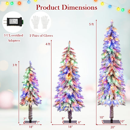 Goplus 3' 4' 5' Pre-Lit Snow Flocked Christmas Tree Set of 3 with 300 Multicolored LED Lights