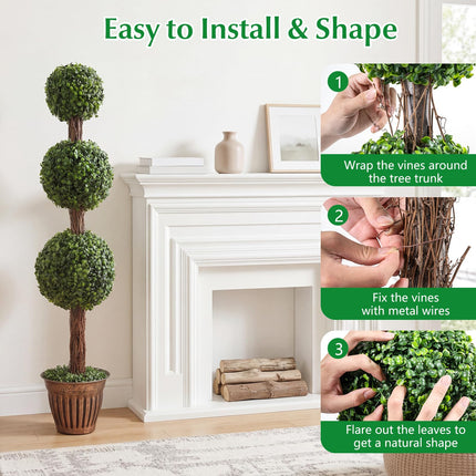 Goplus 4 FT Artificial Triple Ball Boxwood Tree w/Cement-Filled Retro Planter & Real Vines (1/2 Pack)