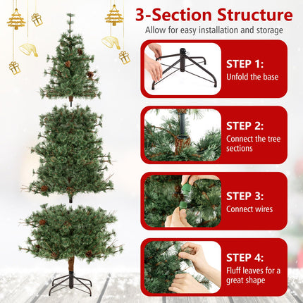 Goplus 6/7/8 FT Pre-Lit Artificial Christmas Tree with Pine Needles & Natural Pine Cones