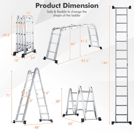 Goplus 12.2 FT Folding Step Ladder, 7-in-1 Multiposition Aluminium Extension Ladder with Reinforced Stabilizer Bar & Non-Slip Foot Pads - GoplusUS