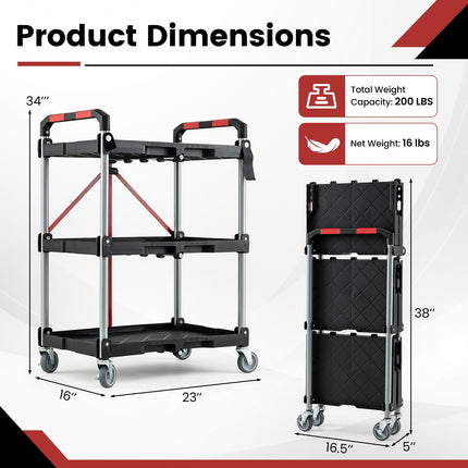 Goplus 3-Tier Folding Utility Cart w/Swivel Wheels | Tool-Free Assembly 200 lbs Capacity