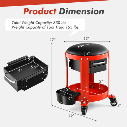 Goplus Rolling Mechanic Stool, Pneumatic Shop Stool Creeper Seat with Removable Padded Seat