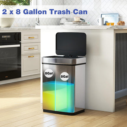 Goplus 16 Gal Stainless Steel Automatic Trash Can with 2 Compartments