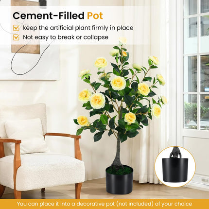Goplus 35.5" Artificial Camellia Tree Faux Floral Plant Blooming Tree in Cement Pot (1/2 Pack)