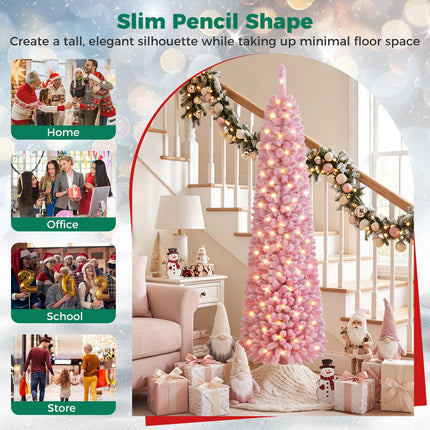 Goplus 6 FT/7 FT Pink Flocked Pre-Lit Pencil Christmas Tree | Slim Decoration Tree for Home Office