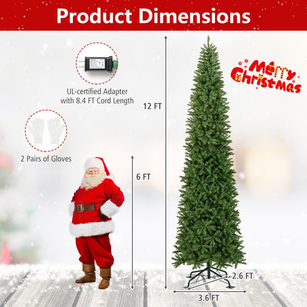 Goplus 12 FT Tall Pre-Lit Slim Pencil Christmas Tree with Branch Tips Warm White LED Lights