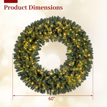 Goplus 60 Inch Large Pre-Lit Christmas Wreath with 24 Pine Cones
