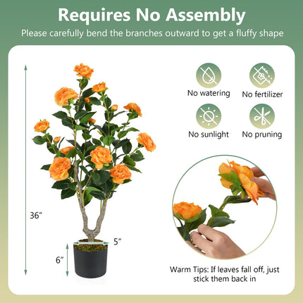 Goplus 36’’ Artificial Camellia Tree Faux Floral Plant Blooming Tree in Nursery Pot