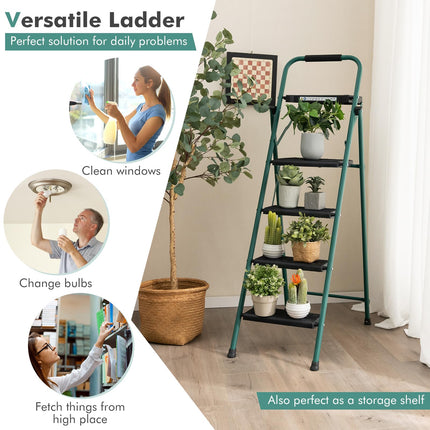 Goplus Folding Step Ladder, 4-Step Ladder w/Tool Tray, Non-Slip Footpads & Pedals
