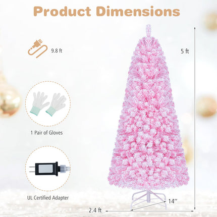 Goplus 5ft/6ft/7ft Pink Pre-Lit Flocked Christmas Trees | Holiday Decoration Tree for Home Office Party