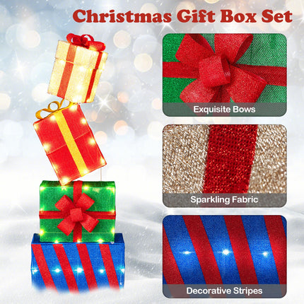 Goplus Christmas Lighted Gift Boxes Set of 4, Light Up Present Boxes with Colorful Bows