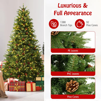 Goplus 3-Minute-Setup Pre-Lit Artificial Christmas Tree, 7ft Hinged Xmas Tree with 360 Quick Power Connector