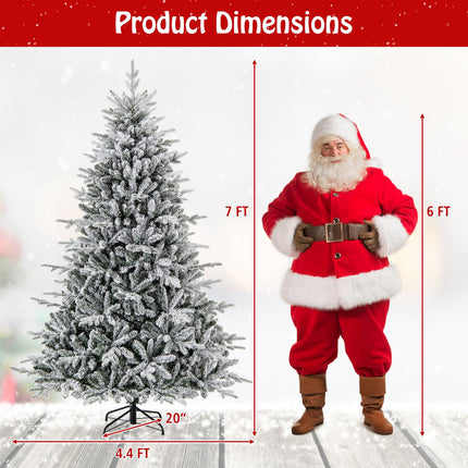 Goplus 7ft Pre-Lit Snow Flocked Christmas Tree, Artificial Hinged Full Xmas Tree with 350 Multicolored LED Lights