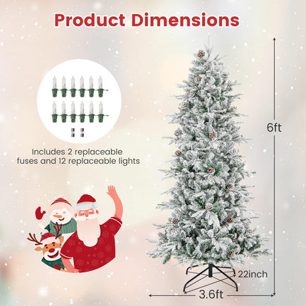 6ft Pre-Lit Snow Flocked Christmas Tree Artificial Hinged Xmas Tree with 210 Warm-White Incandescent Lights