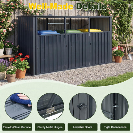 Goplus 7.8 x 2.6 FT Outdoor Trash Can Storage 3-Bin Metal Garbage Shed