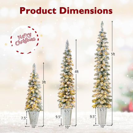 Goplus 3' 4' 5' Pre-Lit Snow Flocked Christmas Tree Set of 3, Slim Pencil Artificial Potted Xmas Trees with 423 Branch Tips