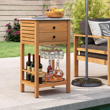 Goplus Acacia Wood Bar Table with 2 Drawers Glass & Wine Holders