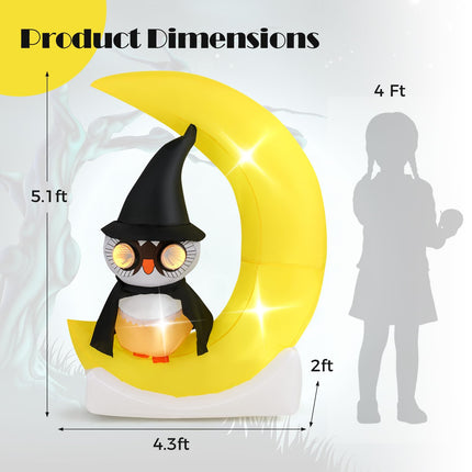 Goplus 5.1 Ft Halloween Inflatables, Pre-Lit Owl on The Moon with Witch Hat