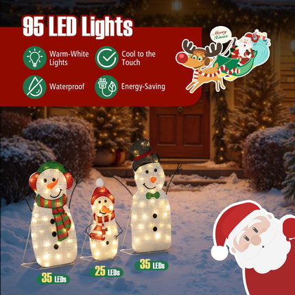 Goplus 3 Pcs Christmas Snowman Decorations, Pre-lit 2D Outdoor Snowman Family with Warm White Lights