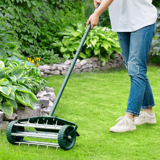 Lawn Aerator 18-inch Garden Yard Rotary Push Tine Heavy Duty Spike Soil Aeration, 40.5-in Handle (Green w/Fender) - GoplusUS