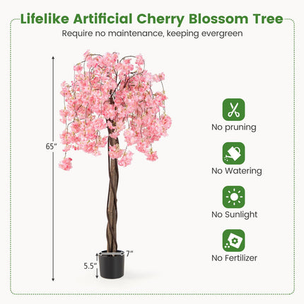 Goplus 5.5FT Artificial Cherry Blossom Tree Faux Floral Plant Blooming Tree in Nursery Pot