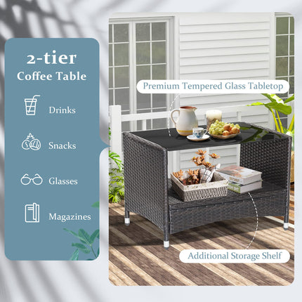 Goplus 4PCS Patio Rattan Furniture Set Armrest Cushion Sofa Coffee Table W/Shelf Garden