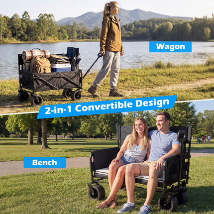 Goplus 2-in-1 Wagon Bench Seat Combo w/Adjustable Push/Pull Handle & Soft Cushions