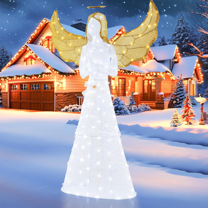 Goplus 5 FT Christmas Pre-Lit Angel, Yard Lighted-up Festive Angel w/Halo