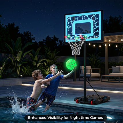 Goplus 8-Height Adjustable Pool Basketball Hoop with LED Rim PC Backboard & Basketball