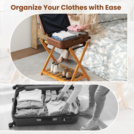 Goplus Folding Solid Wood Suitcase Stand with Storage Shelf No Assembly Required