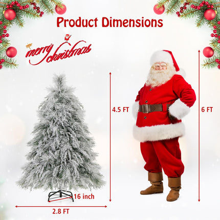 Goplus 4.5ft Pre-Lit Snow Flocked Christmas Tree, Artificial Hinged Full Xmas Tree with 279 PVC & Pine Needles