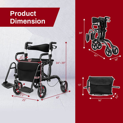 Goplus 2 in 1 Rollator Walker for Seniors Transport Wheelchair Rollator with 8" Wheels