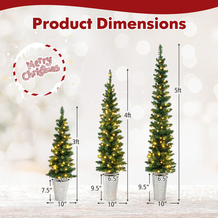 Goplus 3' 4' 5' Pre-Lit Artificial Christmas Tree Set of 3, Slim Pencil Potted Xmas Tree with 423 Branch Tips, 230 Warm White LED Lights