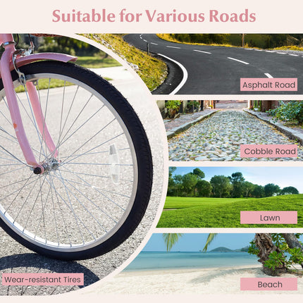 Goplus 24/26 Inch Beach Cruiser Bike w/Basket & Cup Holder for Teens Adults Ladies