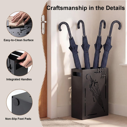 Goplus Rectangular Umbrella Holder Rack with Removable Drip Tray and 4 Hanging Hooks