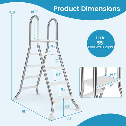 Goplus 4-Step Steel Frame Above Ground Swimming Pool Ladder for 55" Pool Wall Heights