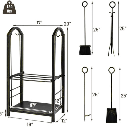 Goplus Firewood Rack with 4 Fireplace Tools, Wrought Iron Log Holders with Poker - GoplusUS