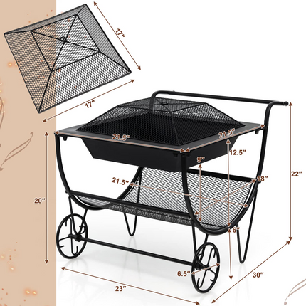 Goplus Outdoor Fire Pit with Wheels, 27.5" Small Bonfire Pit with Spark Screen - GoplusUS