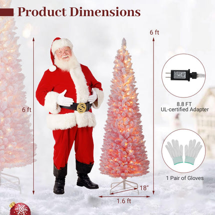 Goplus 6ft / 7ft Pink Slim Pencil Pre-lit Snow Flocked Christmas Tree