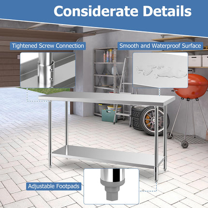 Goplus Stainless Steel Table, 24 x 60 Inches Kitchen Prep & Work Table w/Adjustable Undershelf & Footpads