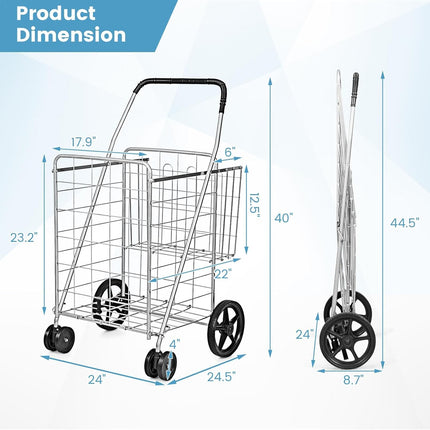 Goplus Jumbo Folding Shopping Cart with Rolling Swivel Wheels